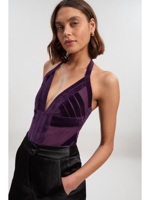 KAREN MILLEN Stretch Velvet Taping Detail Mesh Sweetheart Neck Bodysuit