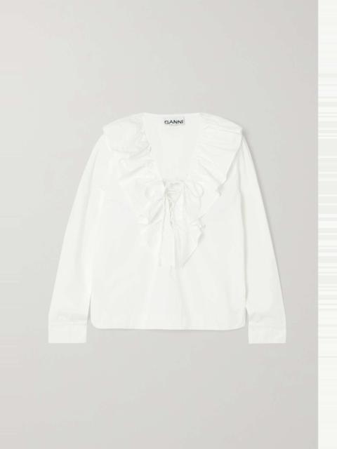 Ruffled lace-up organic cotton-poplin blouse