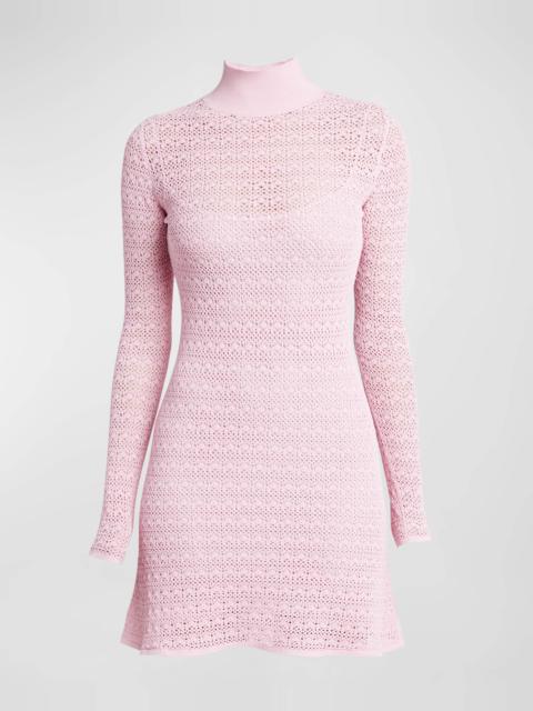 Turtleneck Long-Sleeve Pointelle Knit Mini Dress With Slip