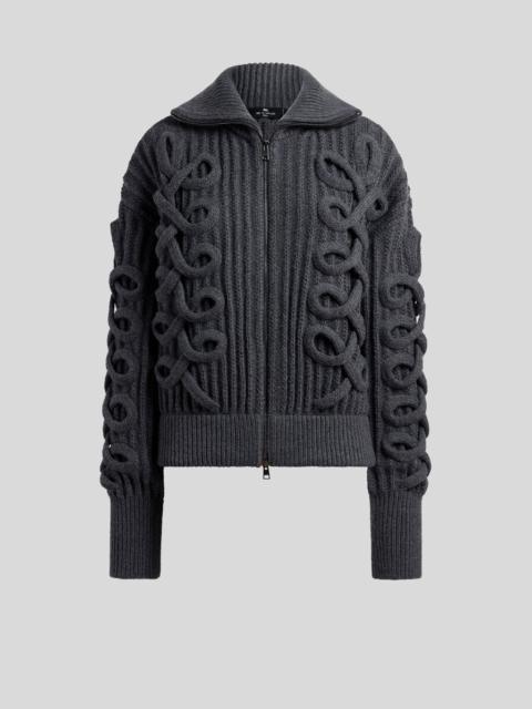 Etro RIBBED WOOL-BLEND CARDIGAN WITH ZIP AND WOVEN DETAILING