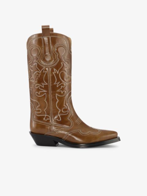 GANNI BROWN MID SHAFT EMBROIDERED WESTERN BOOTS