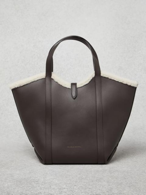 Brunello Cucinelli Matte calfskin shopper bag with merino shearling trims and monili