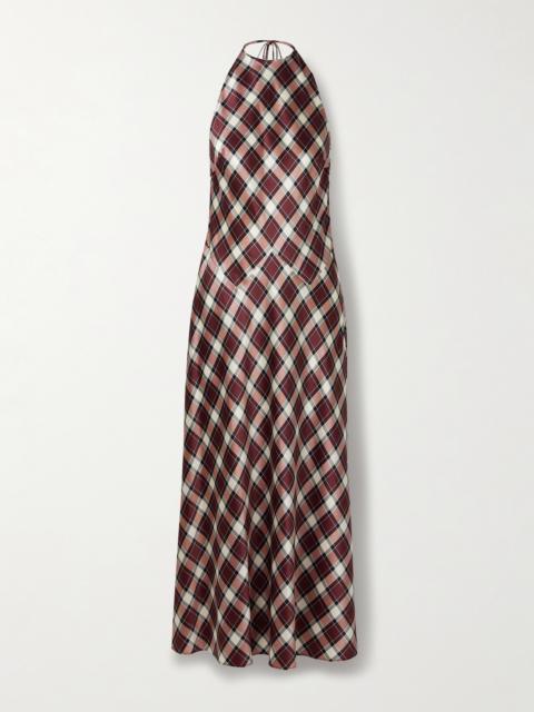 DÔEN Maxime Checked Silk-satin Halterneck Maxi Dress