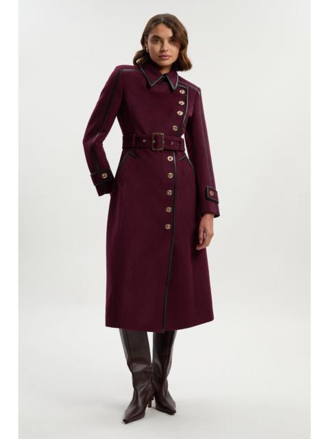 KAREN MILLEN Brushed Wool Pu Mix Gold Trim Belted Midi Coat