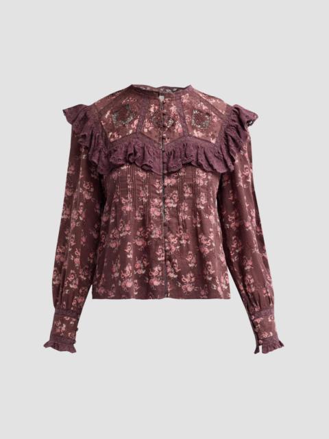 LoveShackFancy Women's Zephyra Floral Cotton Ruffle-Trim Top - Chocolate Truffle