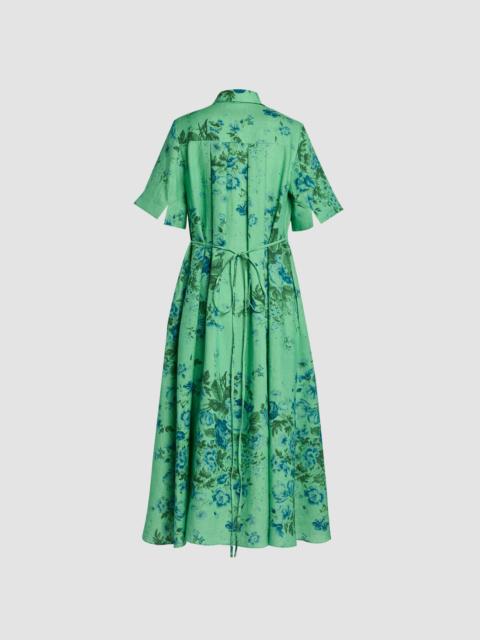 Erdem FLORAL PRINT LINEN TIE-WAIST MIDI SHIRT DRESS