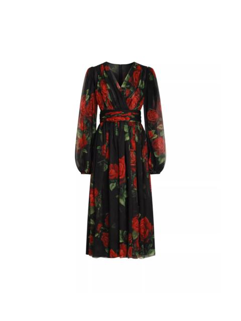 Dolce & Gabbana Midi Dress in Chiffon with Rose Print
