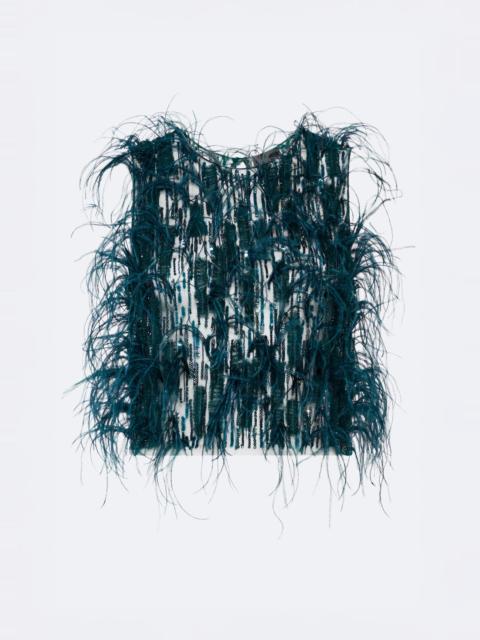 LAPOINTE Cascading Feather Embellished Cropped Tank