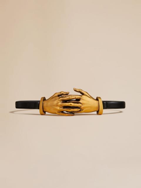 KHAITE The Sculpted Hands Belt in Black Leather with Antique Gold