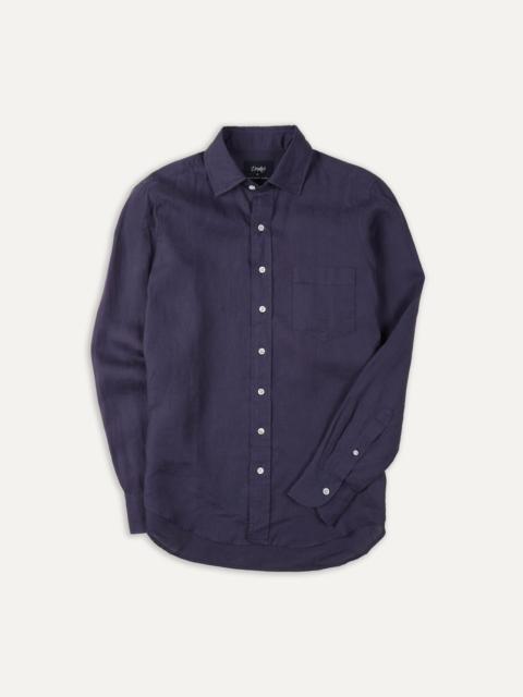 Drake's Washed Navy Linen Spread Collar Shirt