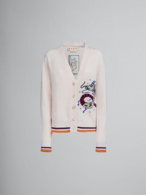 Marni WHITE WOOL-CASHMERE BLEND CARDIGAN WITH JACQUARD DRAGON