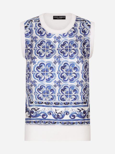 Dolce & Gabbana Sleeveless silk and twill sweater with majolica print