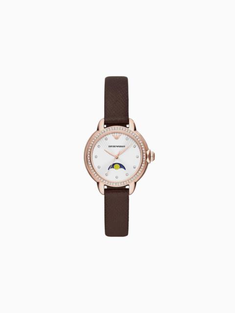 EMPORIO ARMANI Three-Hand Moonphase Brown Leather Watch