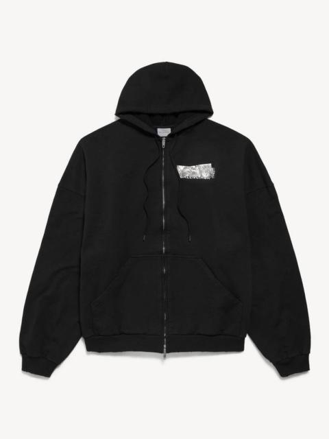 BALENCIAGA Men's Silver Tape Balenciaga Back Large Zip-up Hoodie in Black