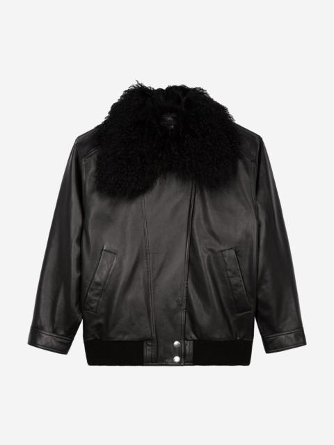 The Kooples LEATHER JACKET WITH REMOVABLE FUR COLLAR, BLACK