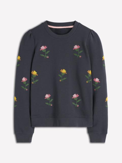 BODEN Puff Sleeve Embroidered Sweat-Cross Stitch Flower Embroidery
