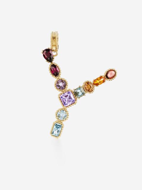 Rainbow alphabet Y 18 kt yellow gold charm with multicolor fine gems