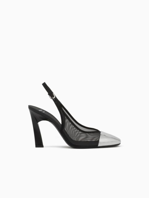 EMPORIO ARMANI SLINGBACK HEELS IN MESH AND SUEDE WITH A MIRRORED TOE CAP