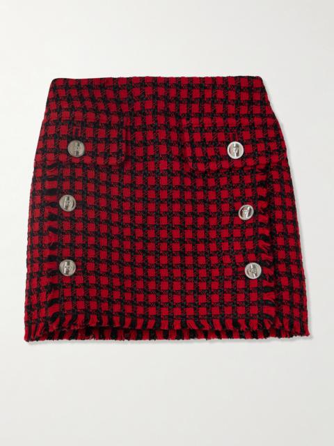 VERSACE Button-embellished Frayed Checked Tweed Mini Skirt