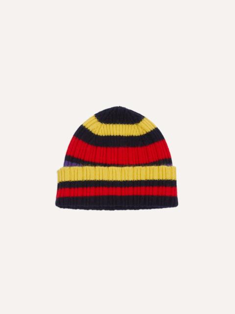 Drake's Navy, Yellow and Red Multi Stripe Geelongora Ribbed Knit Cap
