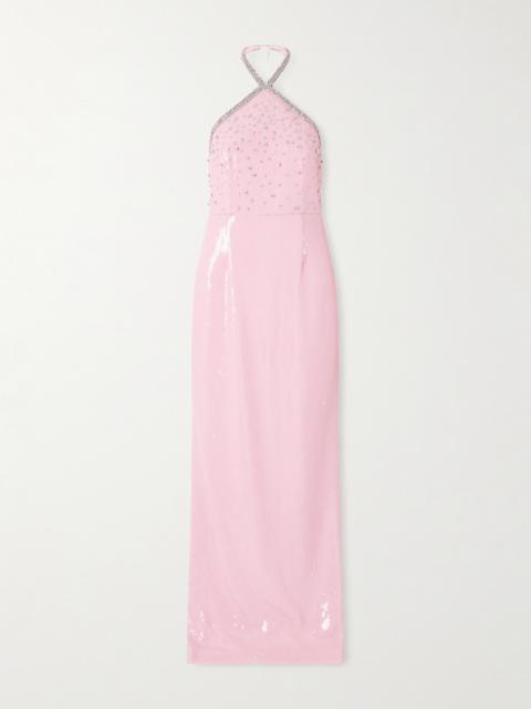 REBECCA VALLANCE Lydia Embellished Chiffon Halterneck Gown
