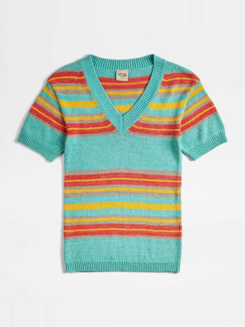 Tod's SHORT-SLEEVED LINEN BLEND JUMPER - LIGHT BLUE, YELLOW, ORANGE