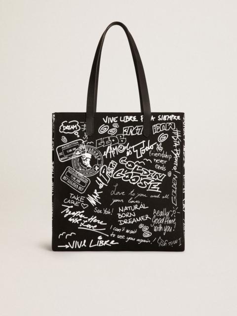 Golden Goose Black North-South California Bag with contrasting white graffiti print