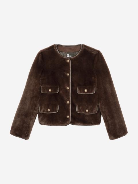 The Kooples FUR-EFFECT JACKET WITH BROWN LEATHER DETAILS