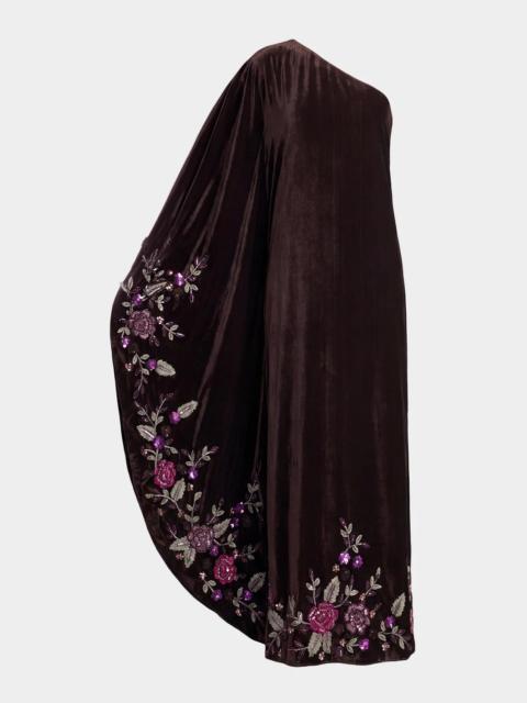 MAC DUGGAL One-Shoulder Sequin Floral Velvet Gown