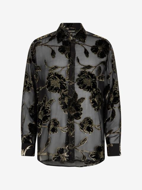 Roberto Cavalli Black and Gold See-Through Shirt with Floral Pattern