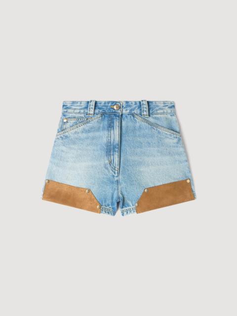 Sandro RIVETED DENIM AND SUEDE SHORTS