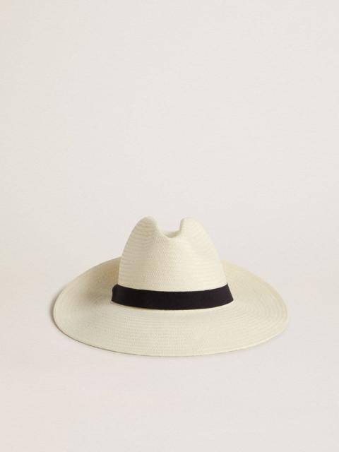 Golden Goose Golden fedora hat in white straw with black ribbon and marine print under the brim