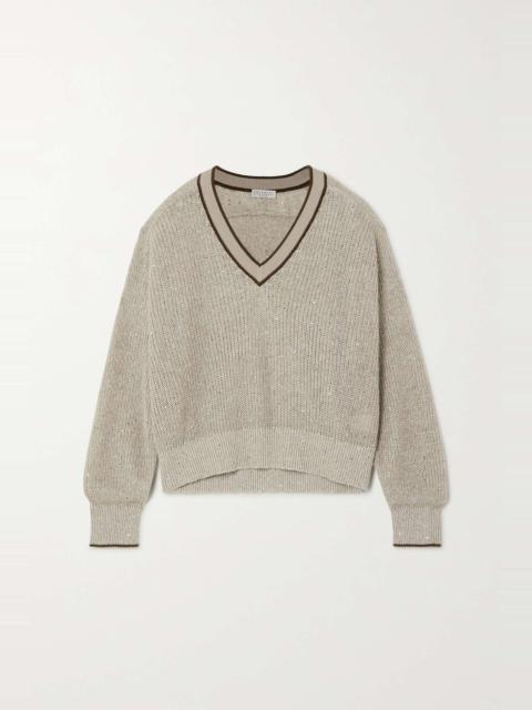 Piped sequined linen-blend sweater