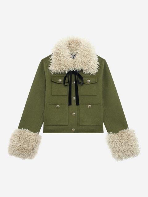 The Kooples SHORT WOOL JACKET WITH KHAKI SHERPA COLLAR