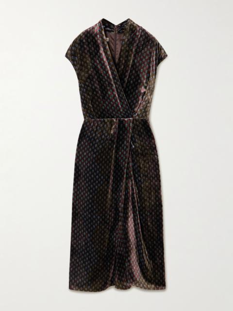 Dries Van Noten Printed velvet wrap-effect midi dress Black
