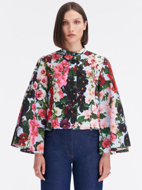 Oscar de la Renta BELL SLEEVE HOLLYHOCKS COTTON POPLIN BLOUSE