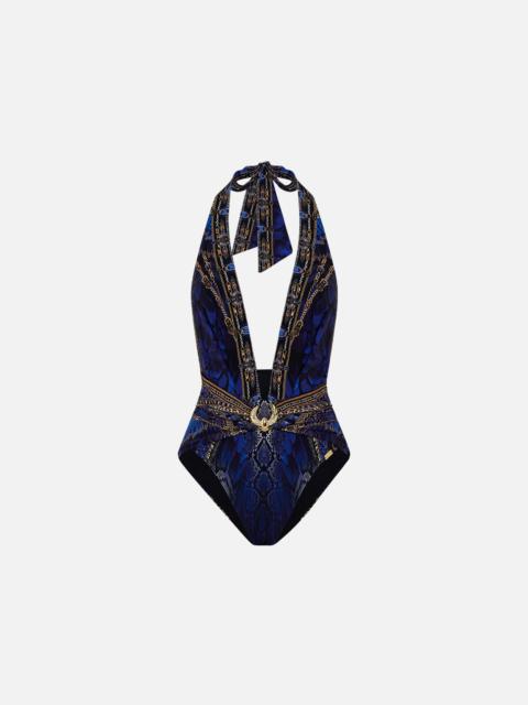 CAMILLA PLUNGE FRONT HALTER ONE PIECE  WITH TRIM
