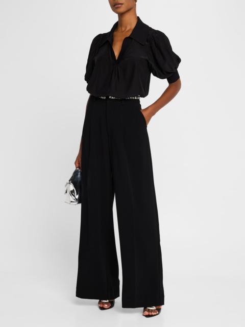 Cinq à Sept Weldon Collared V-Neck Short-Sleeve Silk Combo Top