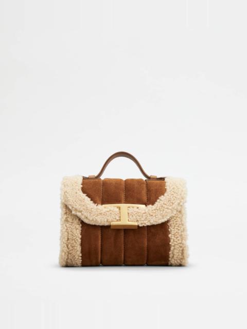 Tod's T TIMELESS CROSSBODY BAG IN SUEDE AND SHEEPSKIN MICRO - BROWN, OFF WHITE