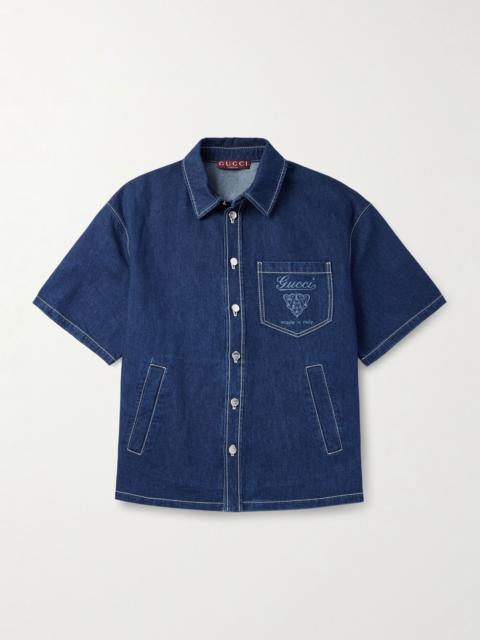 GUCCI Oversized Logo-Print Denim Shirt Mid denim