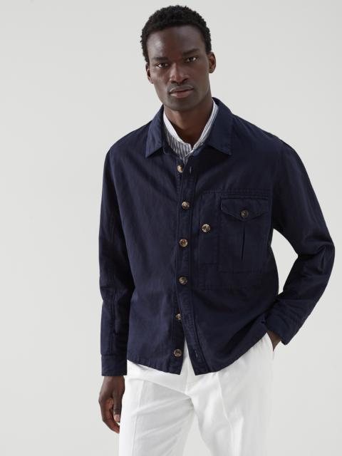 Garment-dyed shirt-style outerwear jacket in twisted linen and cotton gabardine