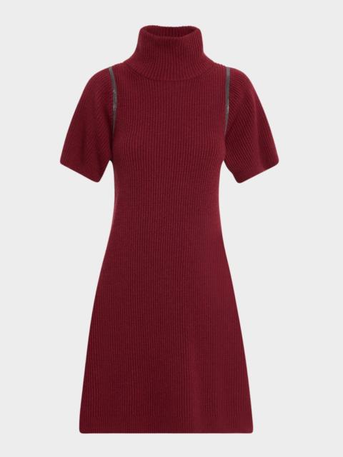 Brunello Cucinelli Mock-Neck Monili Short-Sleeve Cashmere Rib Mini Dress
