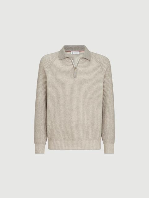 Brunello Cucinelli Cashmere vanisé English rib knit polo with half zip