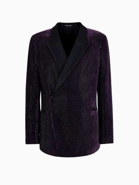 Double-breasted velvet jacket with all-over rhinestones and satin lapels