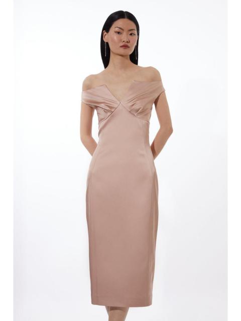 KAREN MILLEN Italian Satin Tailored Off Shoulder Panelled Midi Dress