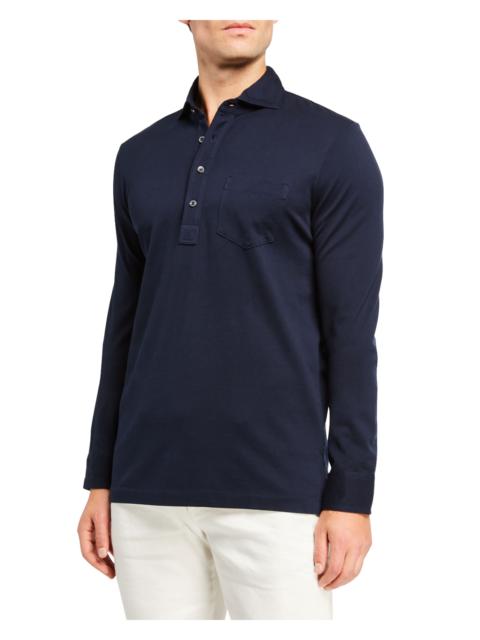 Men's Washed Long-Sleeve Pocket Polo Shirt, Navy