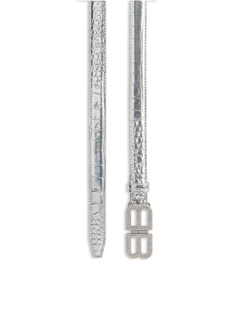 BALENCIAGA Women's Bb Hourglass Thin Belt Metallized Crocodile Embossed With Rhinestones in Silver