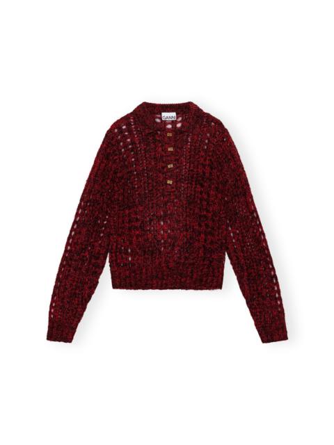 GANNI RED MOHAIR LACE POLO SWEATER