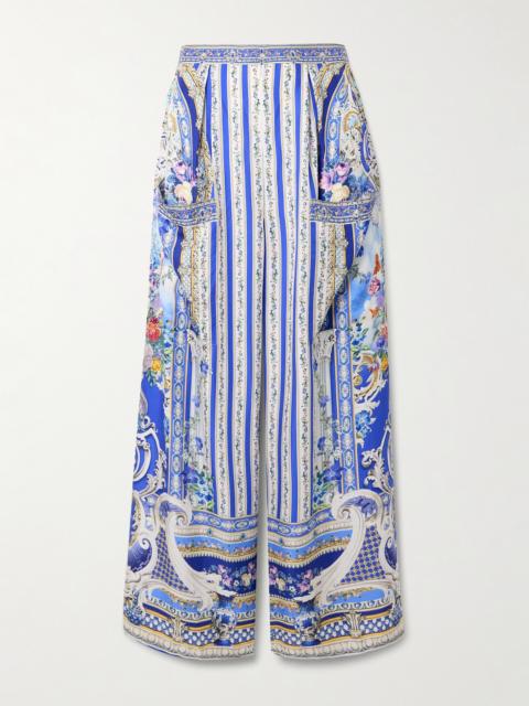 CAMILLA Crystal-embellished Printed Silk-satin Wide-leg Pants