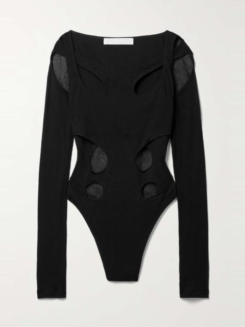 Layered cutout ribbed cotton-blend bodysuit